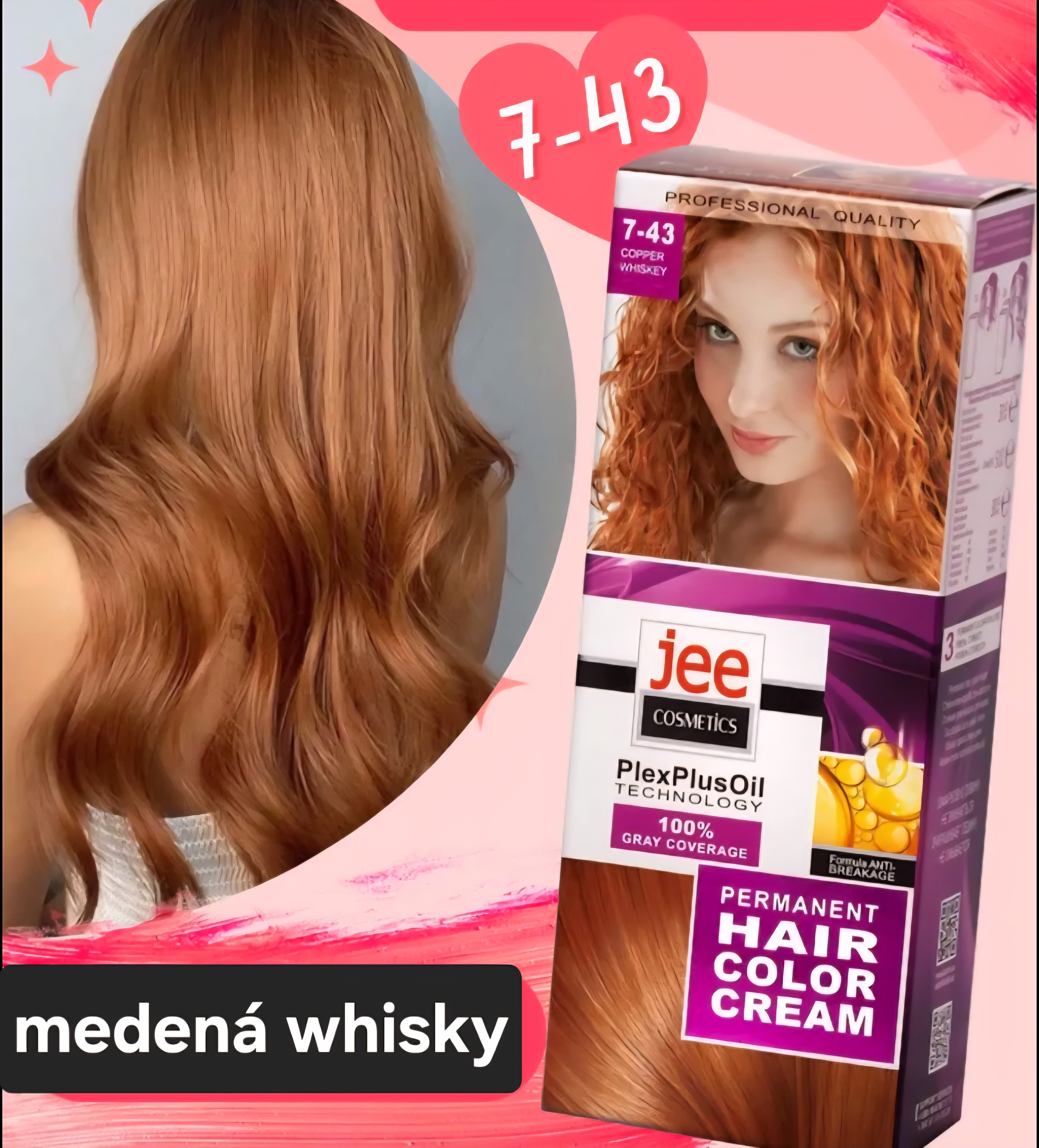 Jee COSMETICS permanentná farba na vlasy 7.43 copper whiskey